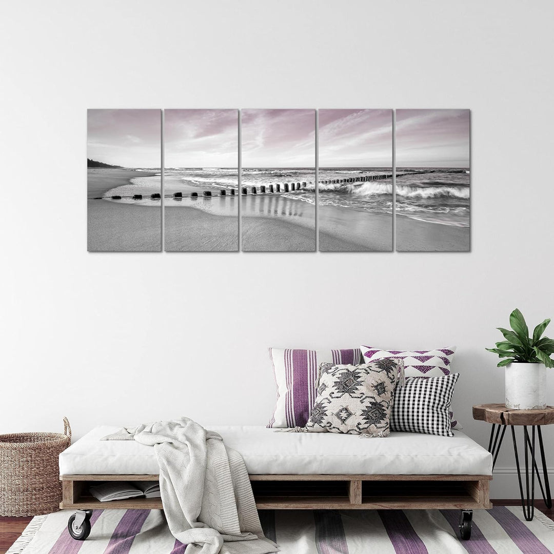 Runa Art Wandbild XXL Strand Meer Schlafzimmer Wohnzimmer 200 x 80 cm Grau Rosa 5 Teilig - Made in G