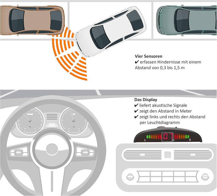 VSG24 Premium Einparkhilfe VORNE mit Display zum nachrüsten am Auto, PDC Parksensoren hinten mit Ste