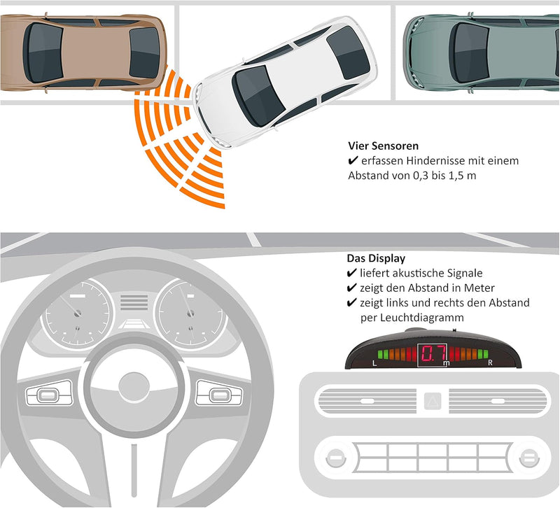 VSG24 Premium Einparkhilfe VORNE mit Display zum nachrüsten am Auto, PDC Parksensoren hinten mit Ste