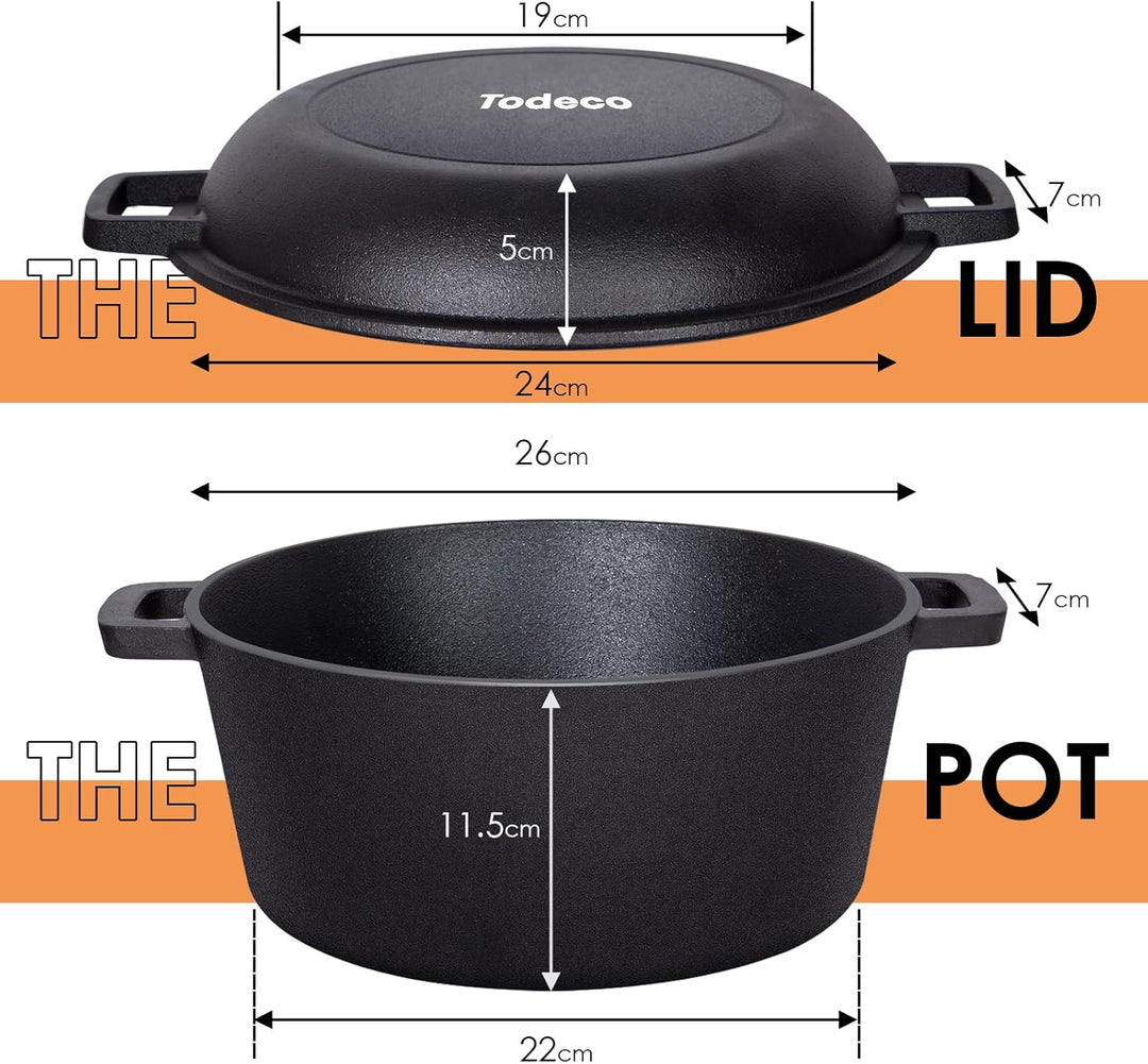 Todeco 26cm Gusseisen Bräter mit Deckel backofengeeignet, 5L 2in1 Gusseisen Topf inkl. Rezeptbuch, B