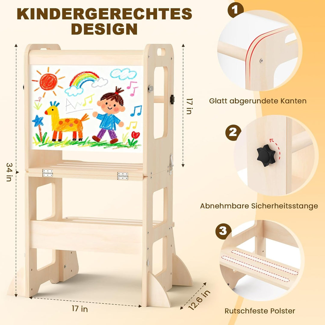 Montessori Lernturm ab 1 Jahr, 4 in 1 Montessori Learning Tower für Kinder mit Rausfallschutz, Lernt