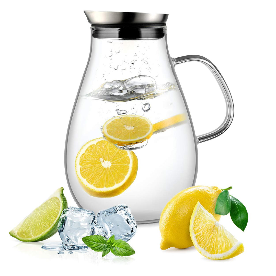 Ehugos Glaskaraffe Wasserkrug aus Borosilikatglas Wasserkaraffe mit Edelstahl Deckel Glaskrug (2L),
