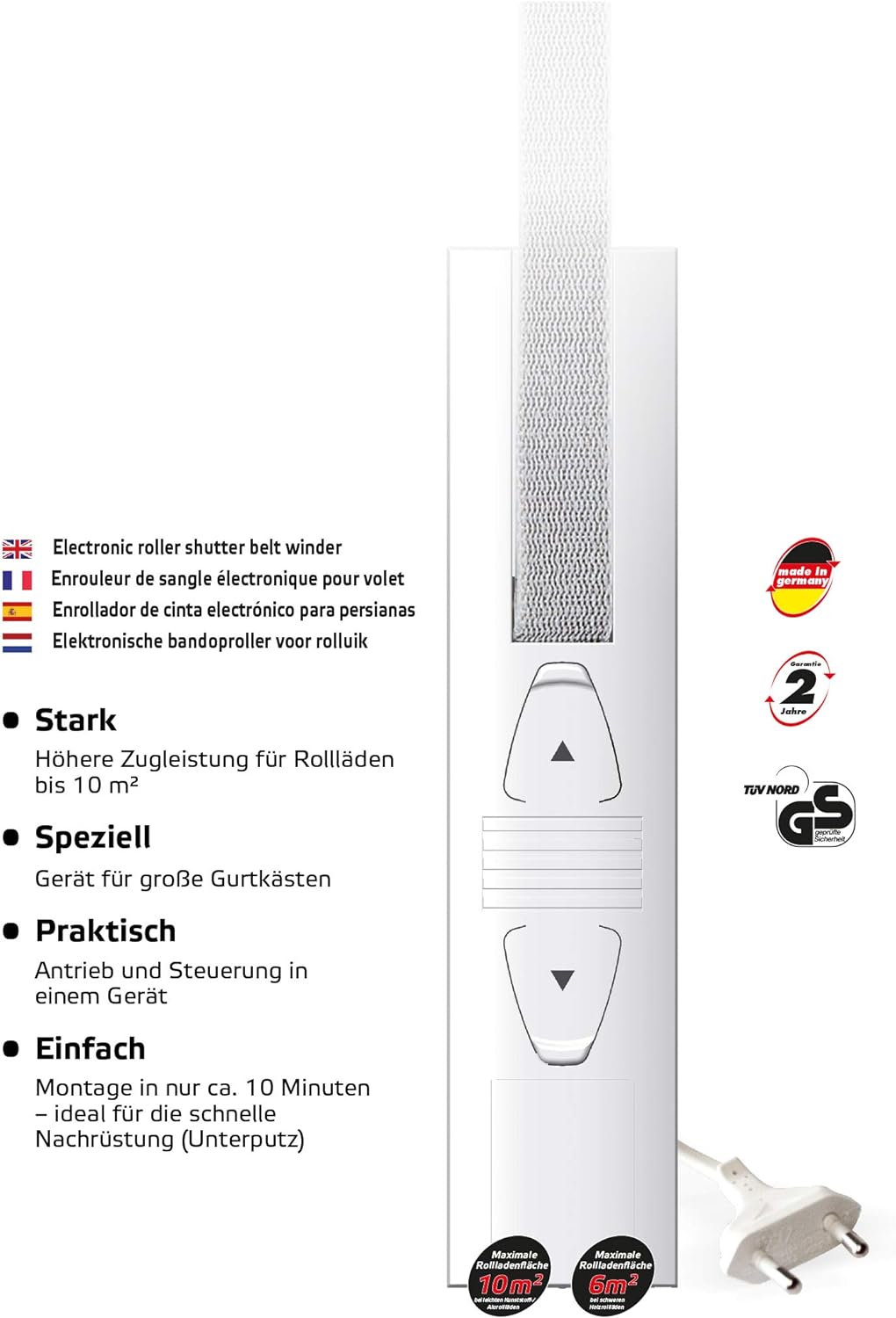 SuperRollo GW195 elektrischer Gurtwickler, Unterputz für Gurtkasten, für 23 mm Gurtband, Rolladenant