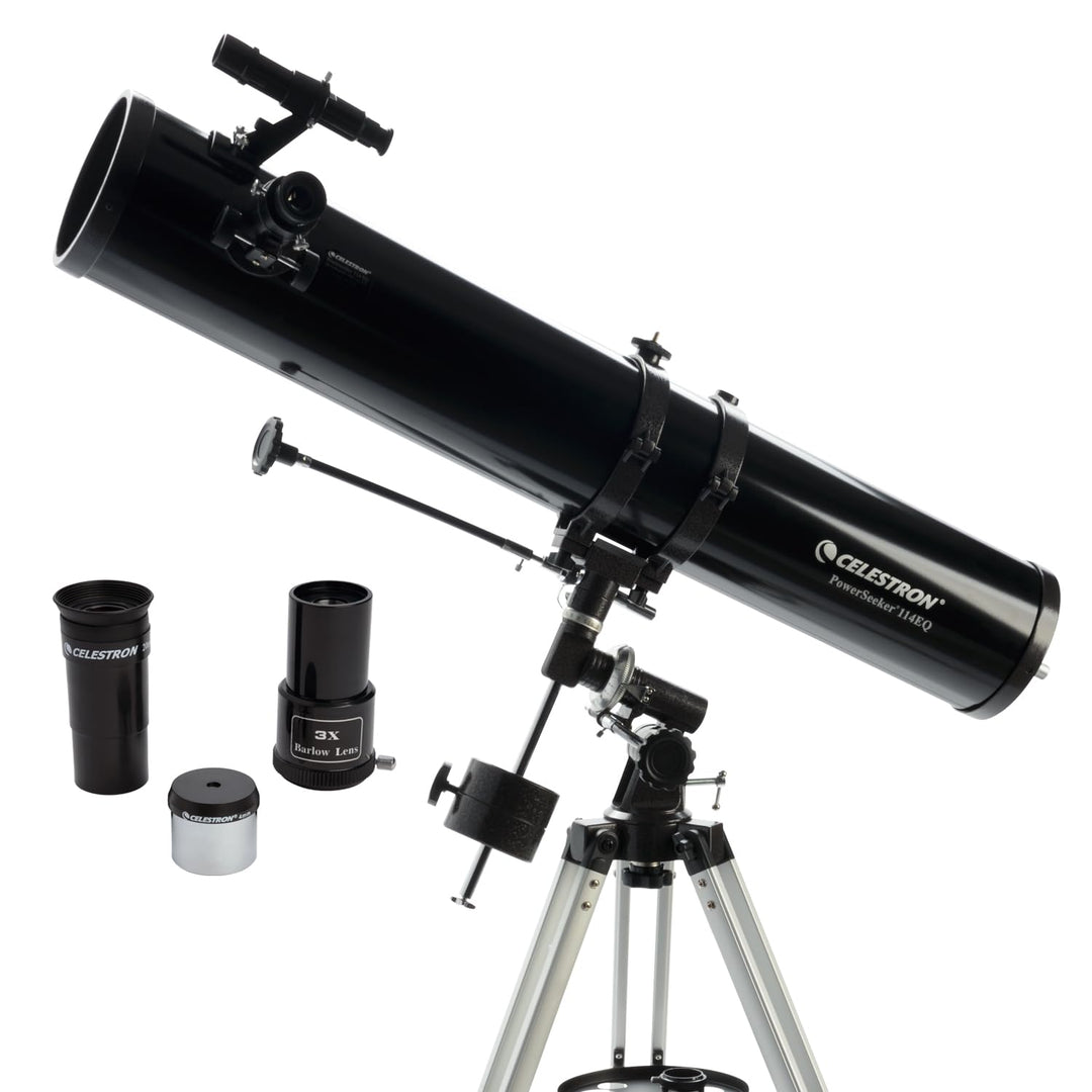 Celestron 21045 PowerSeeker 114EQ Spiegelteleskop - mit Zwei Okularen, Einer Barlow-Linse, höheneins