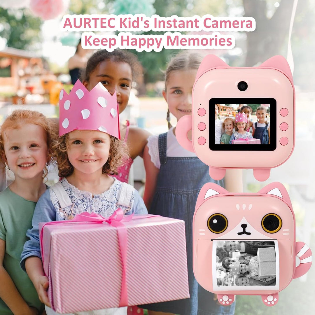 AURTEC Sofortbildkamera für Kinder, Mini-Thermodruckkamera, Keine Tinte erforderlich, 48 MP Dual-Kam
