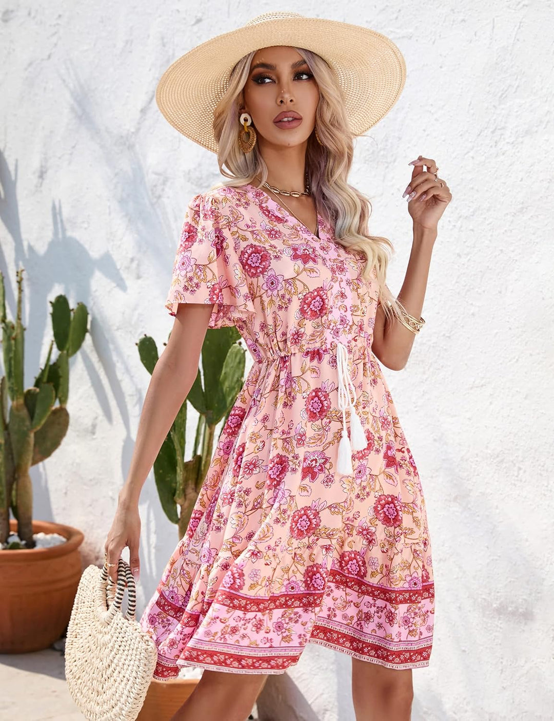 Damen Sommerkleid Boho Tunika Kleid Kurzarm Minikleider V-Ausschnitt Strandkleid kurz Blumenkleid Rü
