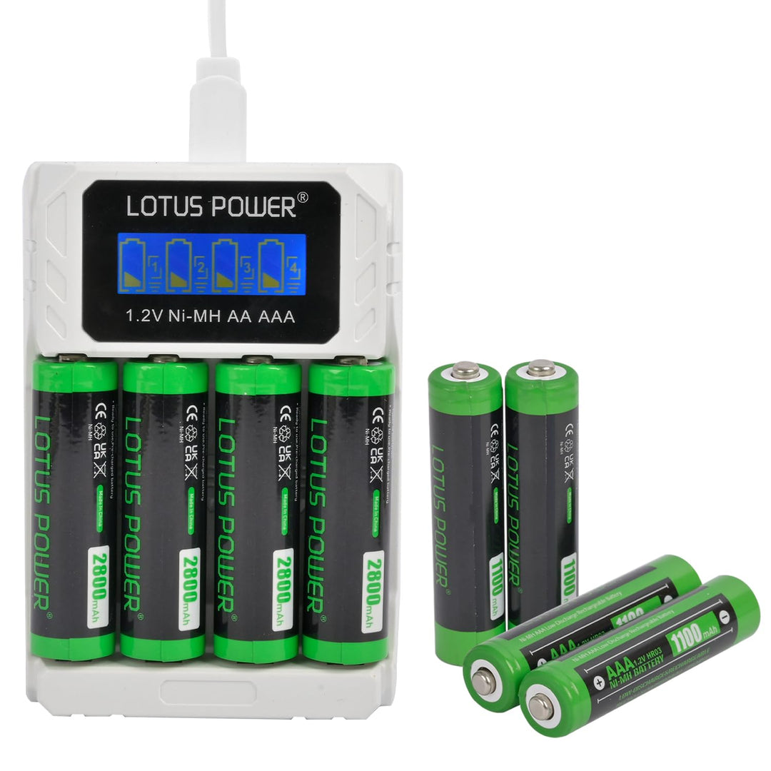 Universal 4-Schacht ladegerät + 4 AA + 4 AAA Akkus Set, LCD NiMH Ladegerät mit Wiederaufladbar Batte