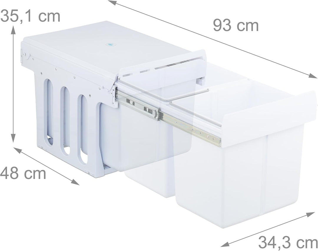 Relaxdays Einbaumülleimer, 2 Fächer, 2 x 15l, HBT: 35,1x34,3x48 cm, ausziehbar, Mülltrennsystem für