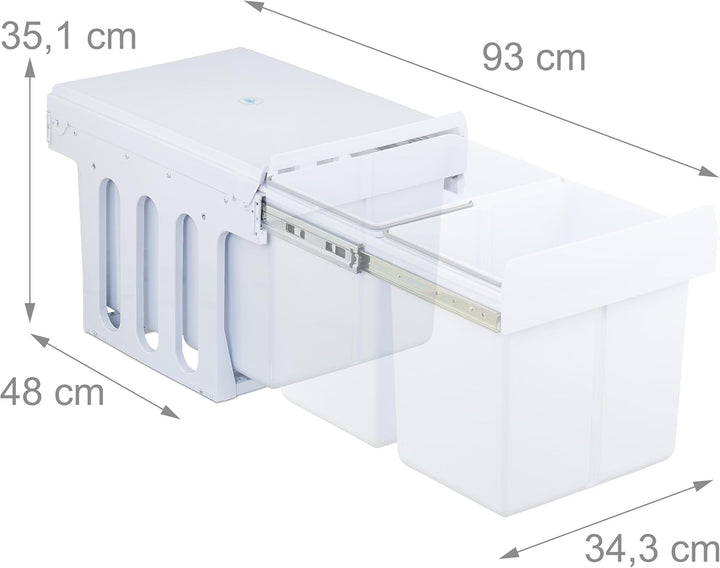 Relaxdays Einbaumülleimer, 2 Fächer, 2 x 15l, HBT: 35,1x34,3x48 cm, ausziehbar, Mülltrennsystem für