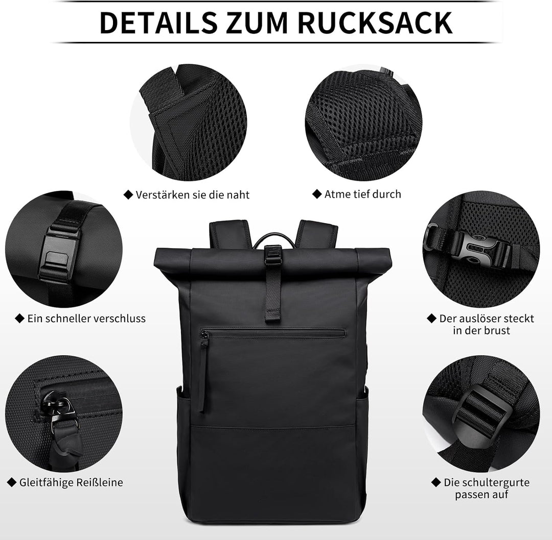 Rolltop Rucksack Damen Herren Grosser Laptop Rucksack Wasserdichter mit Computerfach 16 Zoll Rucksäc