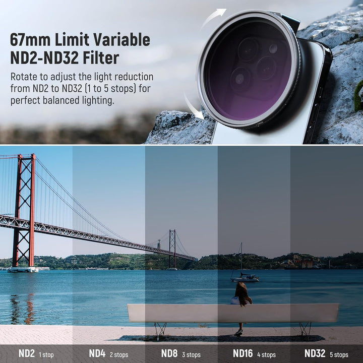 Neewer 67 mm Variables ND2-ND32 Handy-Objektivfilter-Set, Handy-Clip mit Gewindeadapterring/Kaltschu