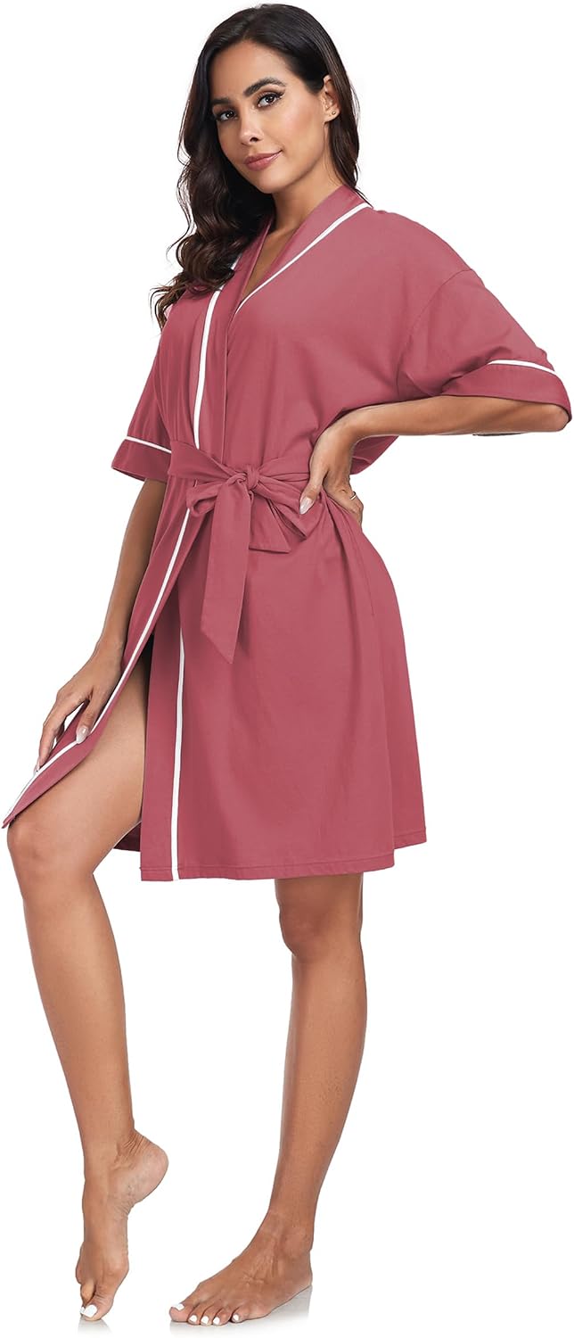 COLORFULLEAF 100% Baumwolle Bademantel Damen Kurz Morgenmantel Leicht Knielang Kimono Saunamantel Na