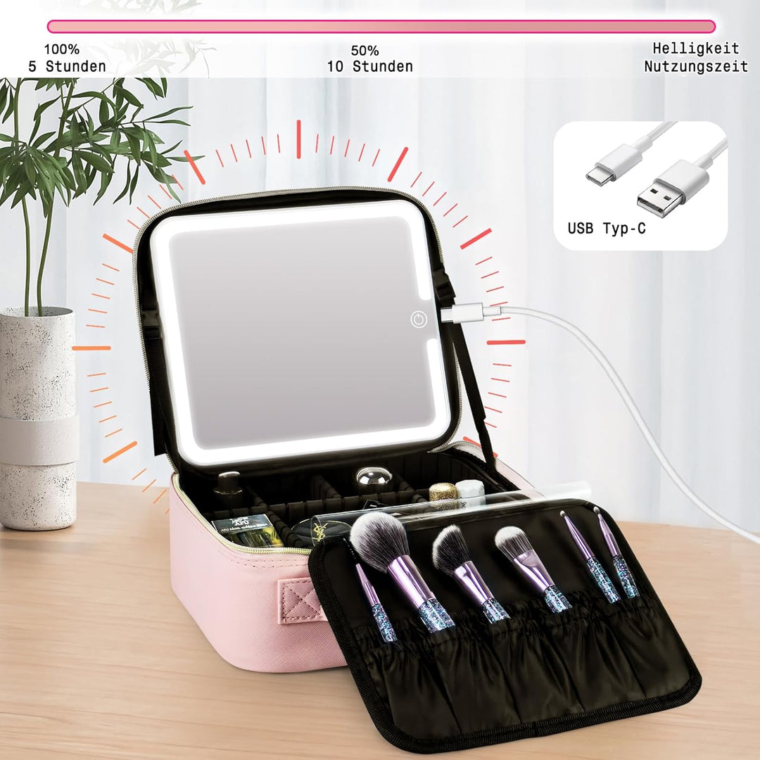 Make up Tasche mit Spiegel，Travel Makeup Bag mit 1/10x Spiegel und 3 Farbe Licht，Make up Organizer T