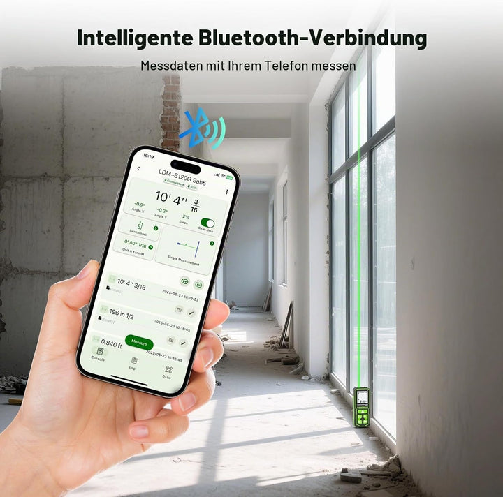 120 m Bluetooth-fähiges grünes Laser-Entfernungsmessgerät mit Winkelsensor, Huepar Laser-Entfernungs