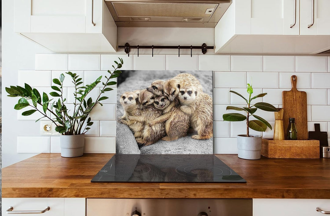 süsse Erdmännchen kuscheln Herdabdeckplatte & Spritzschutz aus Echtglas | Für Herd-Kochfelder | 60x5