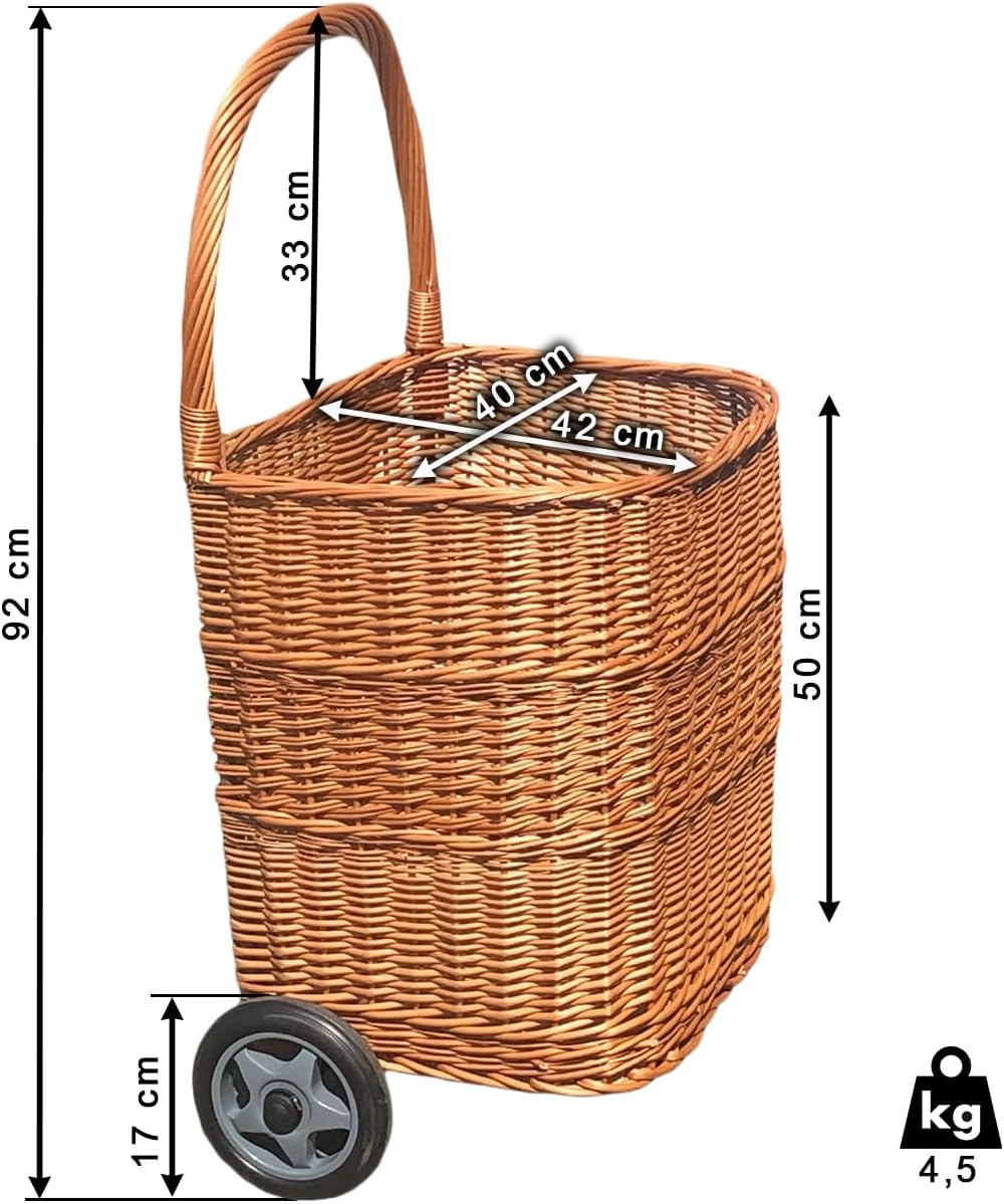 WEECO Einkaufswagen - Transportkorb aus Weidengeflecht mit Rollen zum Einkaufen oder für Holz, Leich