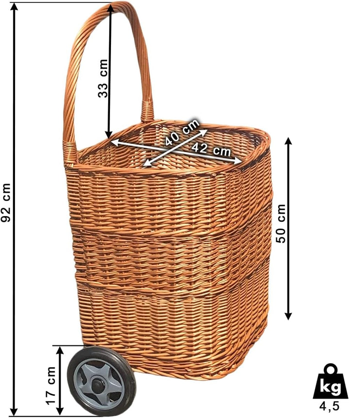 WEECO Einkaufswagen - Transportkorb aus Weidengeflecht mit Rollen zum Einkaufen oder für Holz, Leich