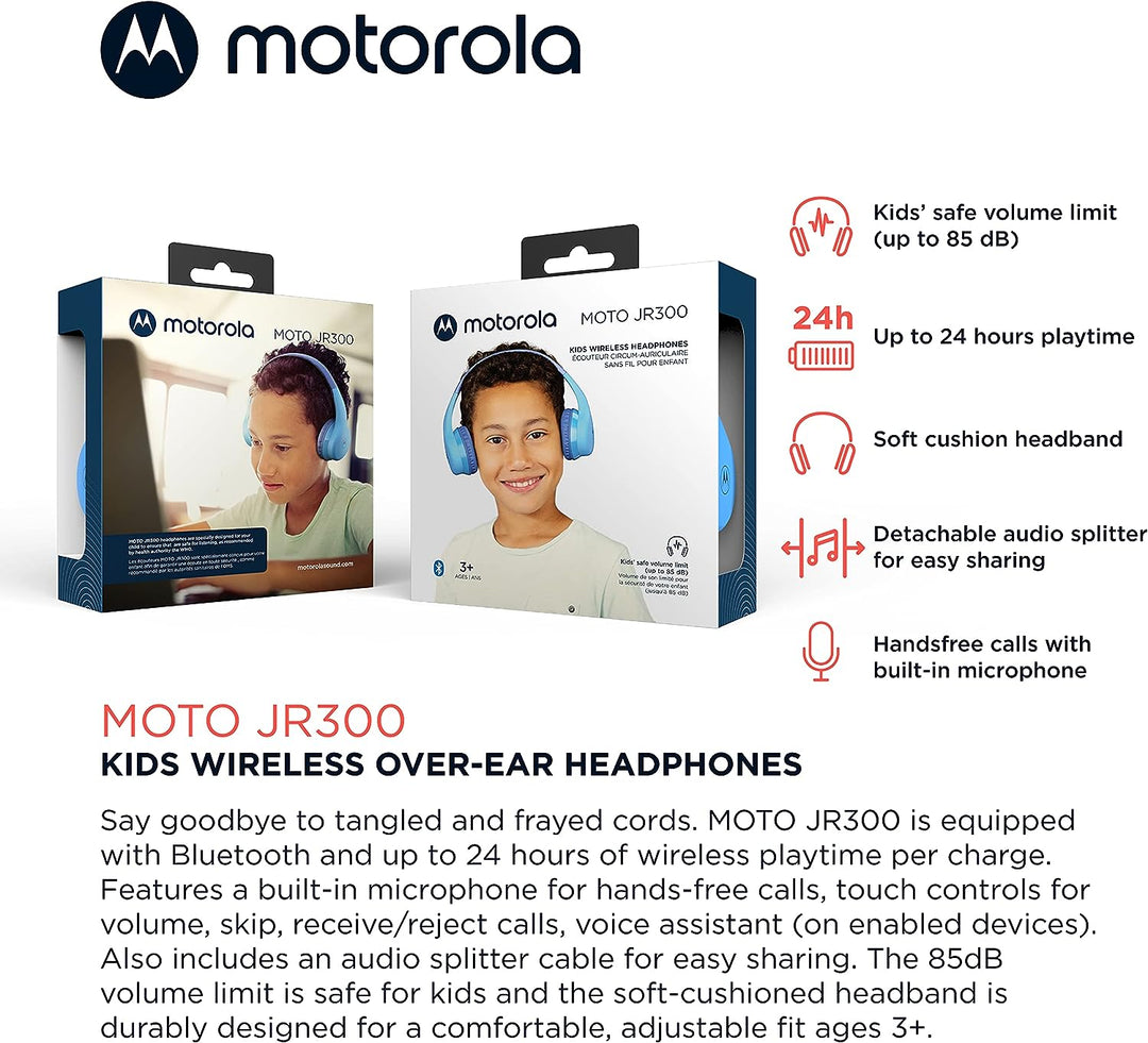 Motorola Sound Moto JR300 Bluetooth Kinder Kopfhörer mit Mikrofon – Leichter Over Ear für,Lautstärke
