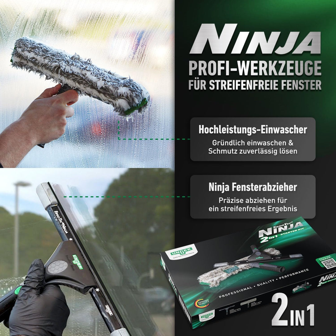 UNGER ErgoTec Ninja Fensterreinigungs Starter-Set 2in1 (inkl. Einwascher + Abzieher, für professione
