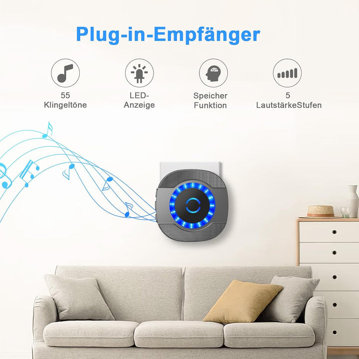 SURFOU Funkklingel, Türklingel Funk Set mit 2 Plug-In Empfänger und 1 Sender, 300m Reichweite Aussen