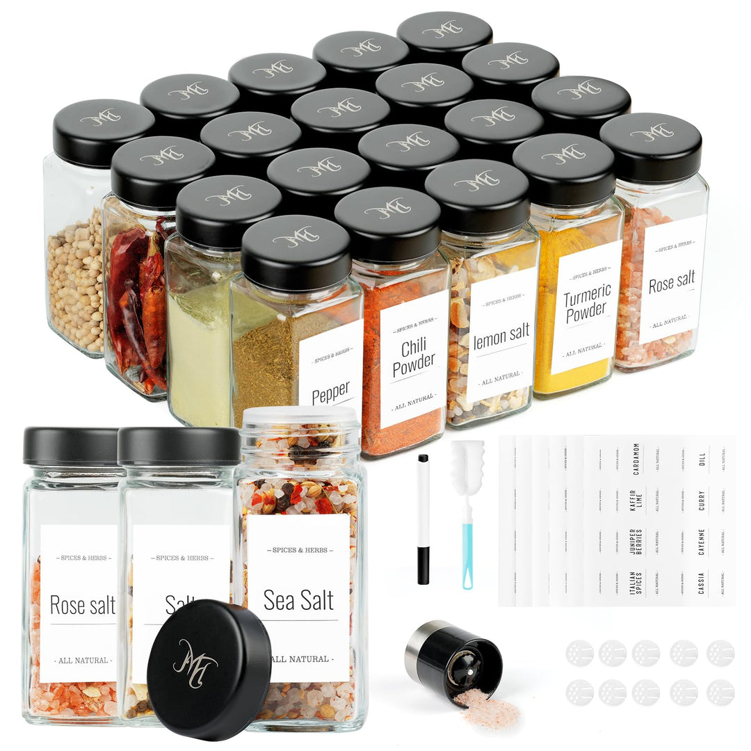 FRIBERG Gewürzgläser Eckig Set 20er,Gewürzstreuer Glas mit Edelstahldeckeln 120ml,mit 2 gewürzmühle