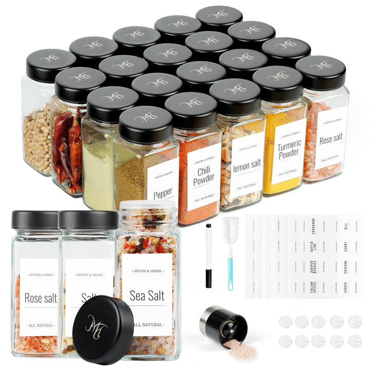 FRIBERG Gewürzgläser Eckig Set 20er,Gewürzstreuer Glas mit Edelstahldeckeln 120ml,mit 2 gewürzmühle