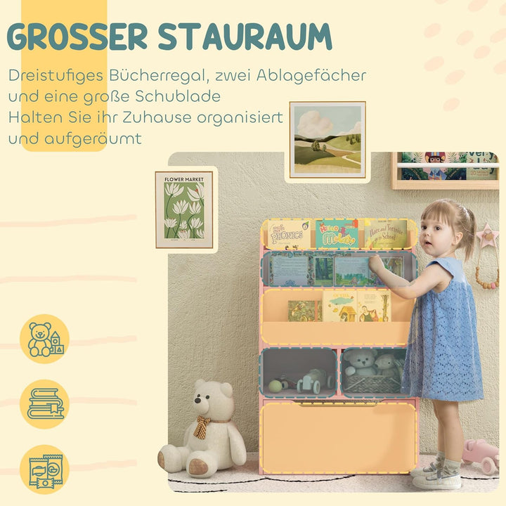 HOMCOM Kinder Bücherregal Kinderregal mit Schublade, 3 Ablagefächern und 2 offenen Fächern, Aufbewah