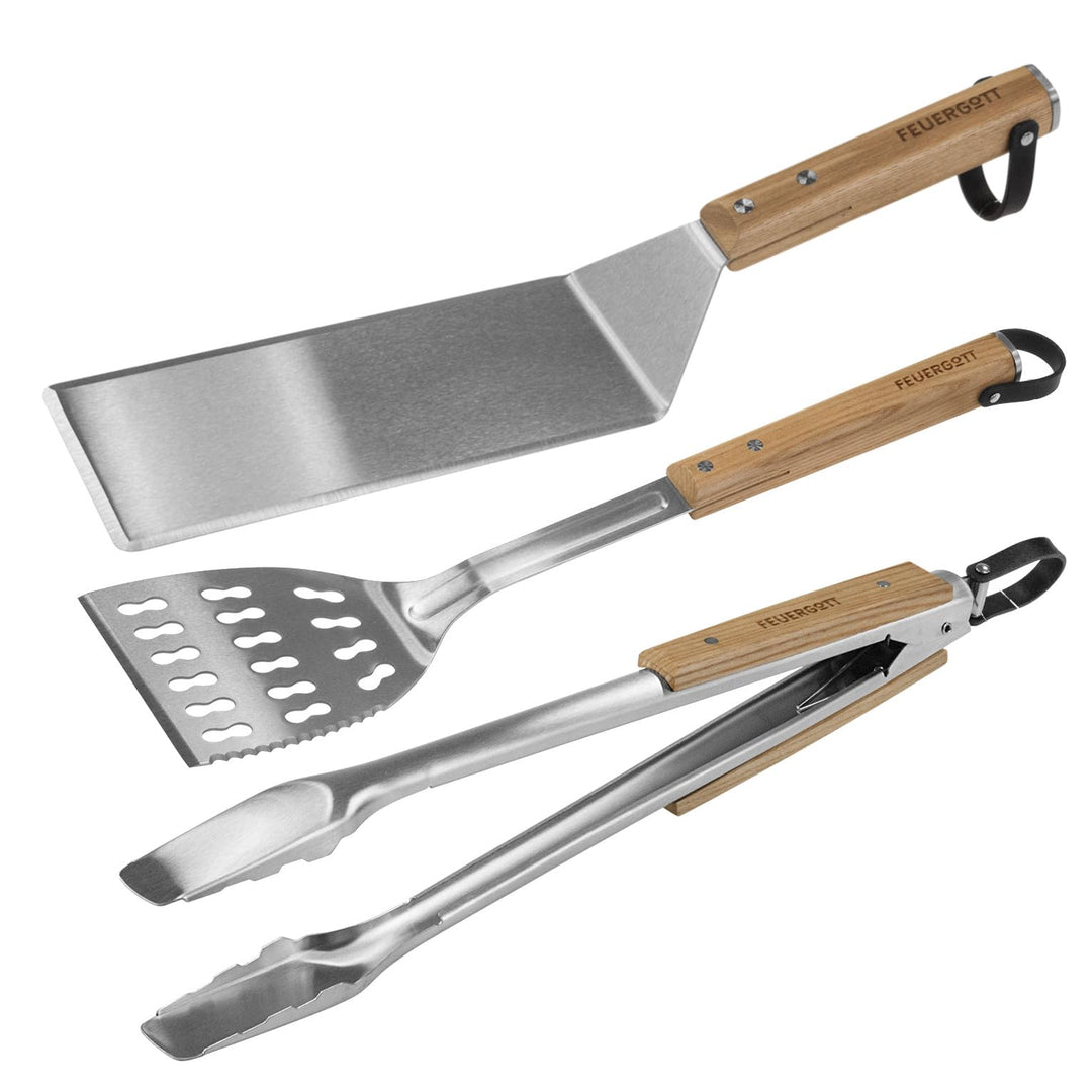 Grillbesteck-Set 3 Teile Edelstahl, Zedernholz, Lederschlaufen, Grillbesteck mit Grillzange, Grillwe