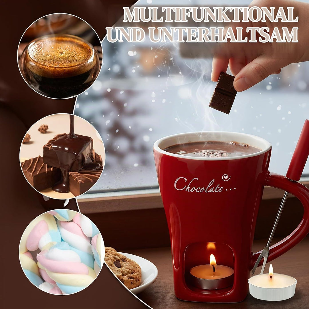 Schokofondue Tasse, 200ml Schokoladen Fondue Becher Set, Keramik Schokoladenfondue Set, mit Gabel un
