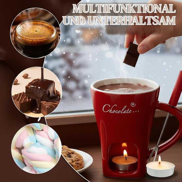 Schokofondue Tasse, 200ml Schokoladen Fondue Becher Set, Keramik Schokoladenfondue Set, mit Gabel un