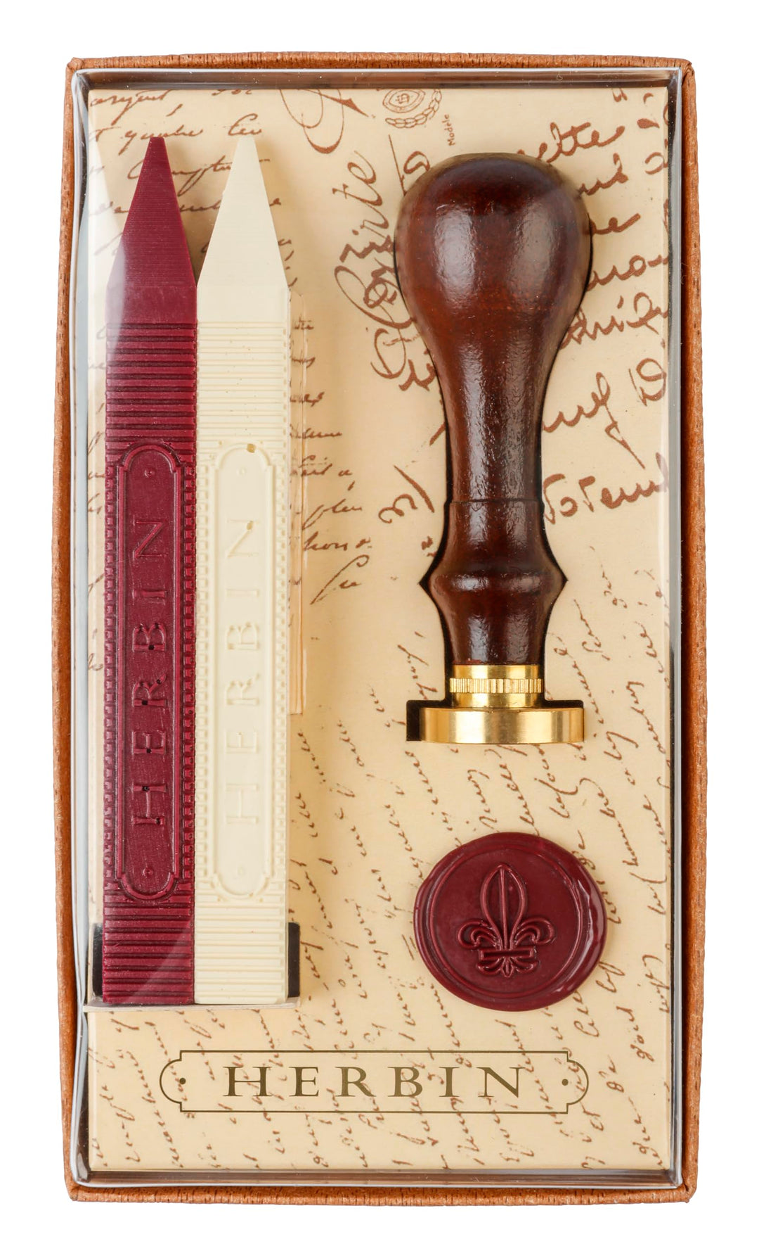Jacques Herbin 46001T - Wachssiegelset mit 2 Wachstangen (rot und elfenbein), 1 Siegelgriff aus Holz