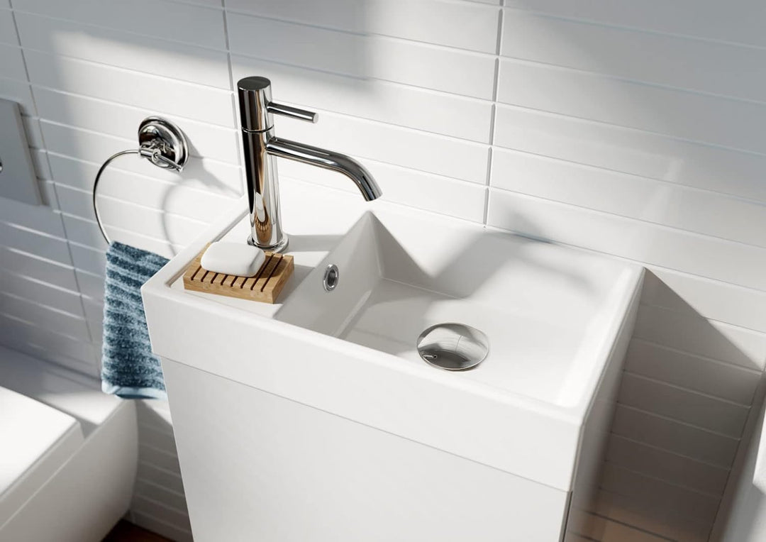 VBChome Badmöbel Set 40 cm Weiss Waschbecken mit Eiche Canela Hängeschrank Waschtisch 1-Türen Push t
