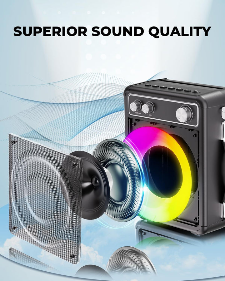 BONAOK Tragbare Karaoke-Maschine, Bluetooth-Karaoke-System mit 2 Mikrofonen, wiederaufladbare Party-