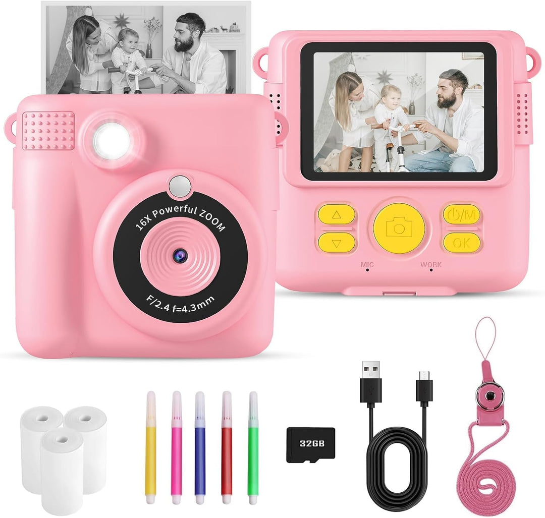 YKSLEMON Kinderkamera Sofortbildkamera, 2,4'' Bildschirm Sofortbildkamera Kinder, 24MP-1080P Digital