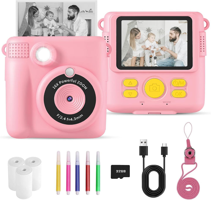 YKSLEMON Kinderkamera Sofortbildkamera, 2,4'' Bildschirm Sofortbildkamera Kinder, 24MP-1080P Digital