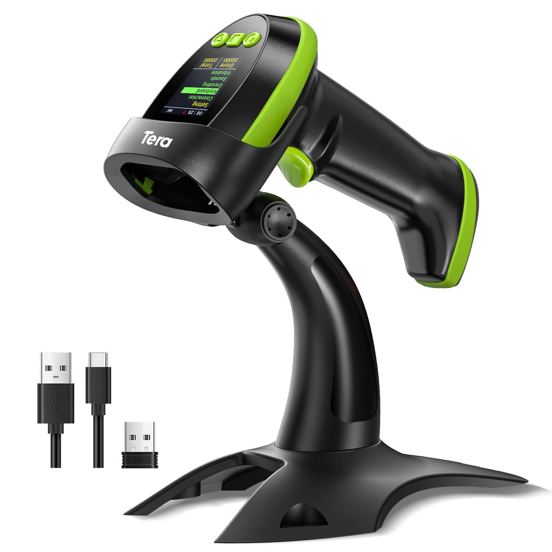 Tera Barcode-Scanner Wireless 2D mit Ständer: Pro-Version mit digitalem Einstellungsbildschirm und T