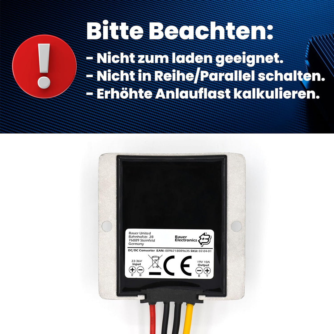 Bauer Electronics | DC DC 22V-36V zu 19V Spannungswandler 10A 190W | 24V 19V Converter Netzteil Adap