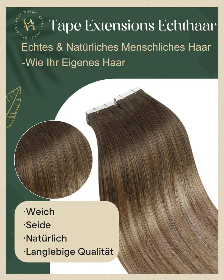 Ugeat Extensions Echthaar Tape Goldblond Balayage Remy Echthaar Extensions Tape Haarverlängerung Gla