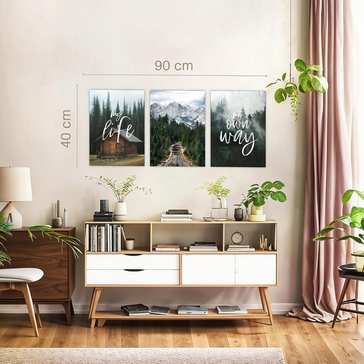 Novart Wandbilder Set Natur Berge - KOMPLETT AUFHÄNGFERTIG - Wohnzimmer Schlafzimmer Flur Deko - 3 M