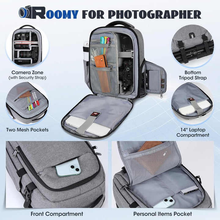 RAINSMORE Fotorucksack Kamerarucksack Gross mit 14 Zoll Laptopfach Leicht Kamera Rucksack DSLR SLR K