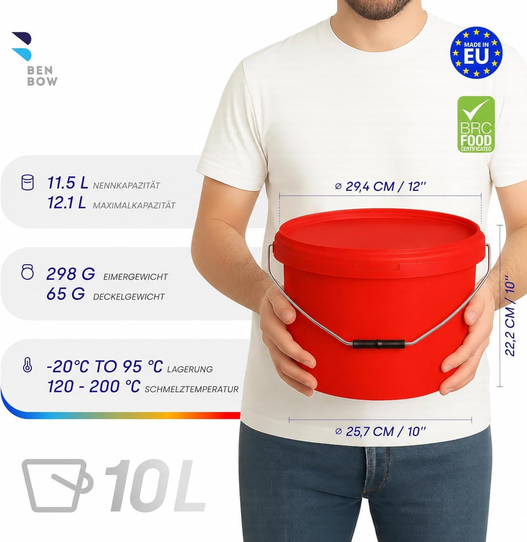 BenBow Eimer mit Deckel 10l rot 20x 10 Liter - lebensmittelecht, stabil, luftdicht, auslaufsicher, g