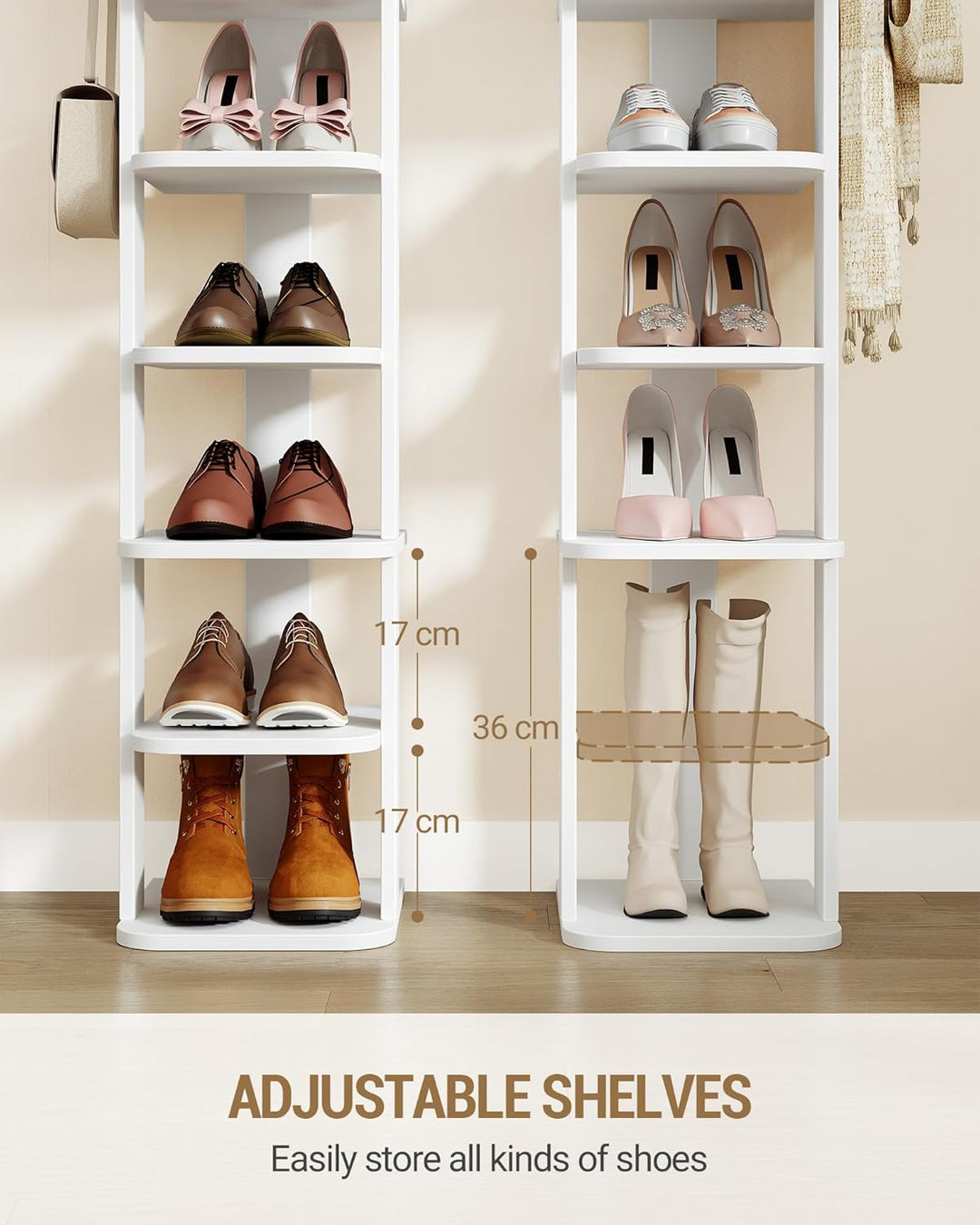Hzuaneri Schuhregal, Schmales Schuhablage mit 8 Ebenen, Holz-Schuh-Organizer mit Haken, Verstellbar,