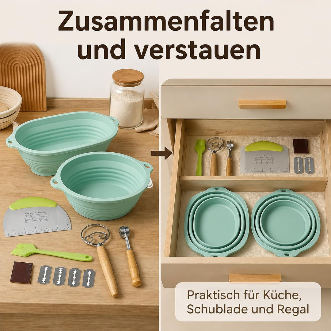Gärkorb Brot Set,25cm Gärkörbchen zum Brotbacken, Sauerteig Starter Set, Einschliesslich Teigschaber