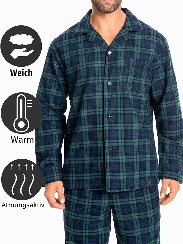 Nutria Herren Schlafanzug Flanell, 100% Baumwolle Karierter Pyjama Set Weich Warm Loungewear Nachtwä