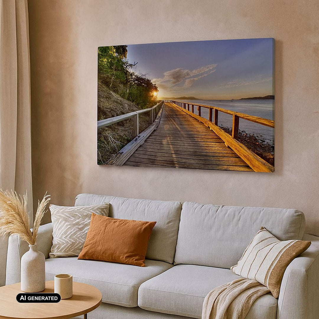 Bilder auf Leinwand 100x70cm Leinwandbild Fussgängerbrücke Himmel Wasser Gross Wanddeko Bild Schlafz