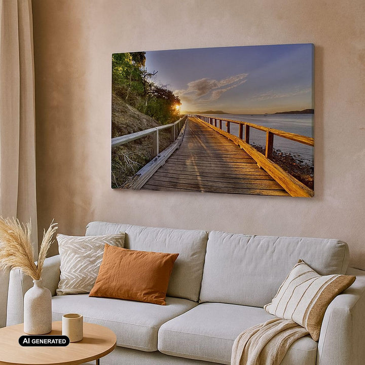 Bilder auf Leinwand 100x70cm Leinwandbild Fussgängerbrücke Himmel Wasser Gross Wanddeko Bild Schlafz
