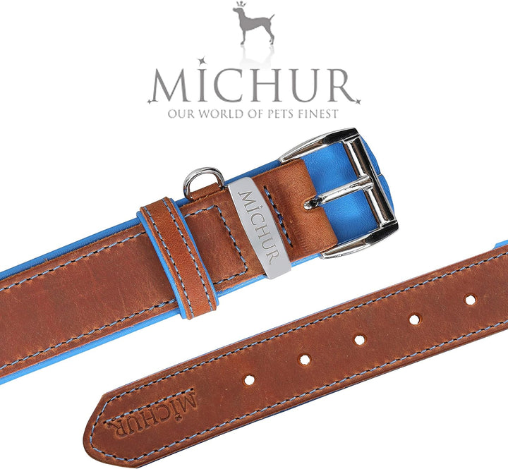 MICHUR Charly Hundehalsband Leder Braun Blau, Lederhalsband Hund, Halsband, Leder, in verschiedenen