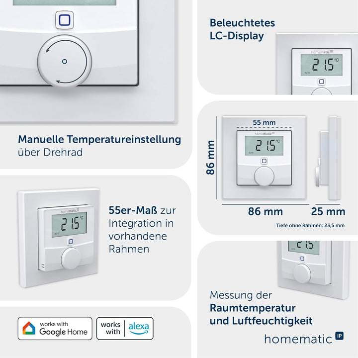 Homematic IP Wandthermostat mit Luftfeuchtigkeitssensor Display, mit Stellrad, Version 3, weiss, Dis