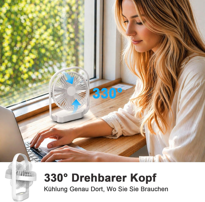 SURFOU Ventilator 4000mAh Akku, Kabelloser Tischventilator mit 4 Stufen und 2 Nachtlicht-Modi, USB-C