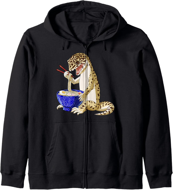 Japanischer Anime Eidechsen Leopardgecko isst Ramen Nudeln Kapuzenjacke